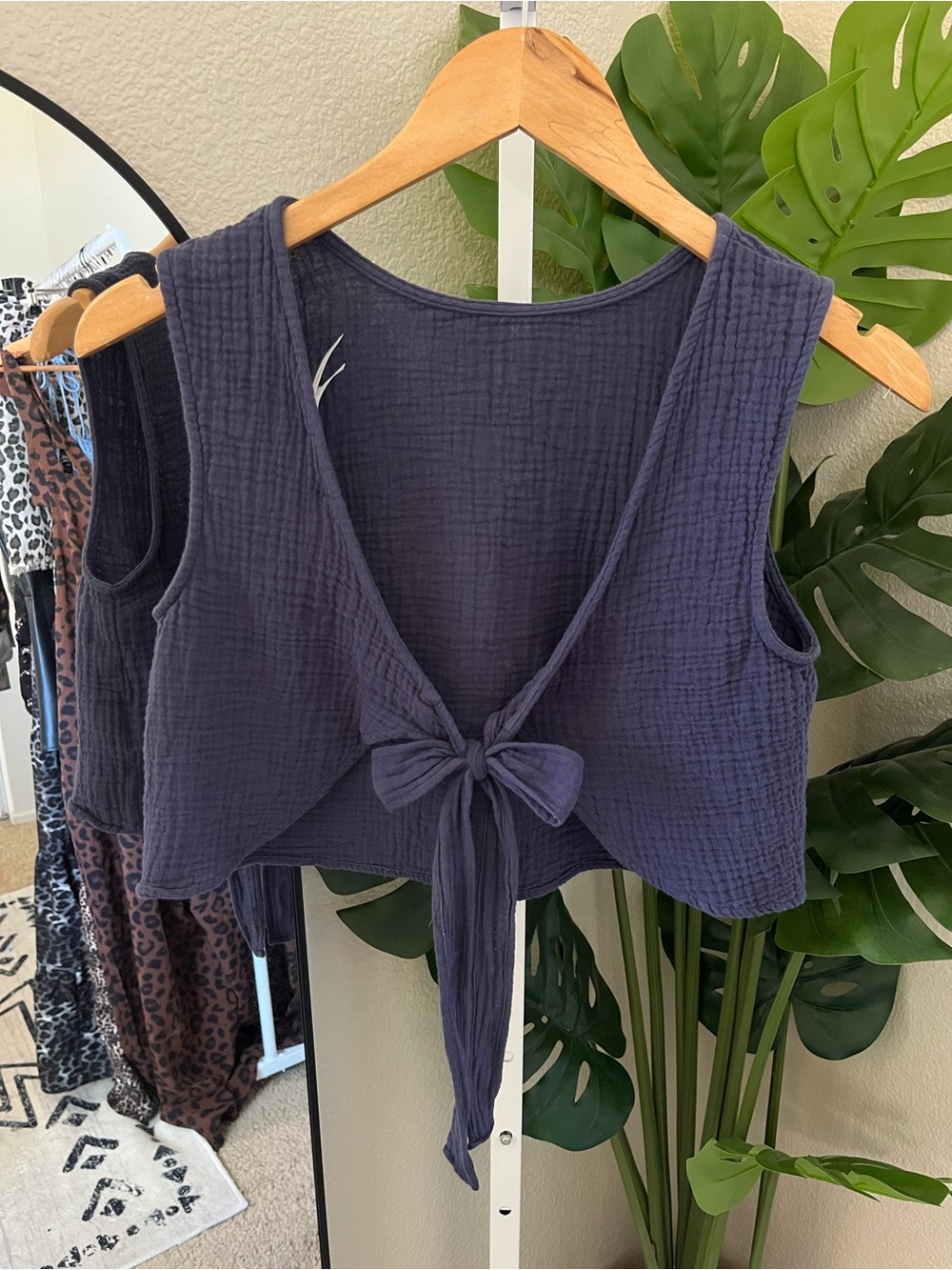✨ Navy Blue Cotton Gauze Tie Front Crop Top XS | Coastal Boho Minimalist Chic